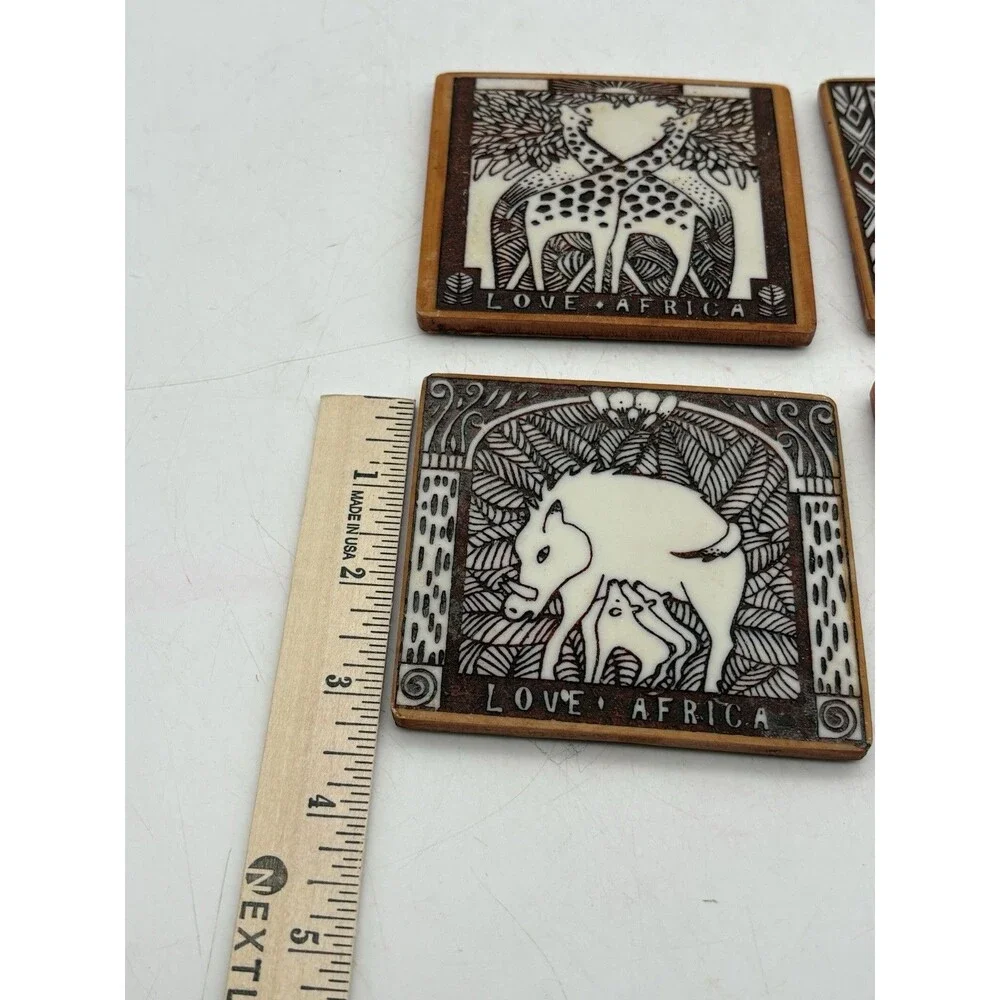 Set of 4 Love Africa Safari Animal Wood Coasters Giraffe Antelope Warthog